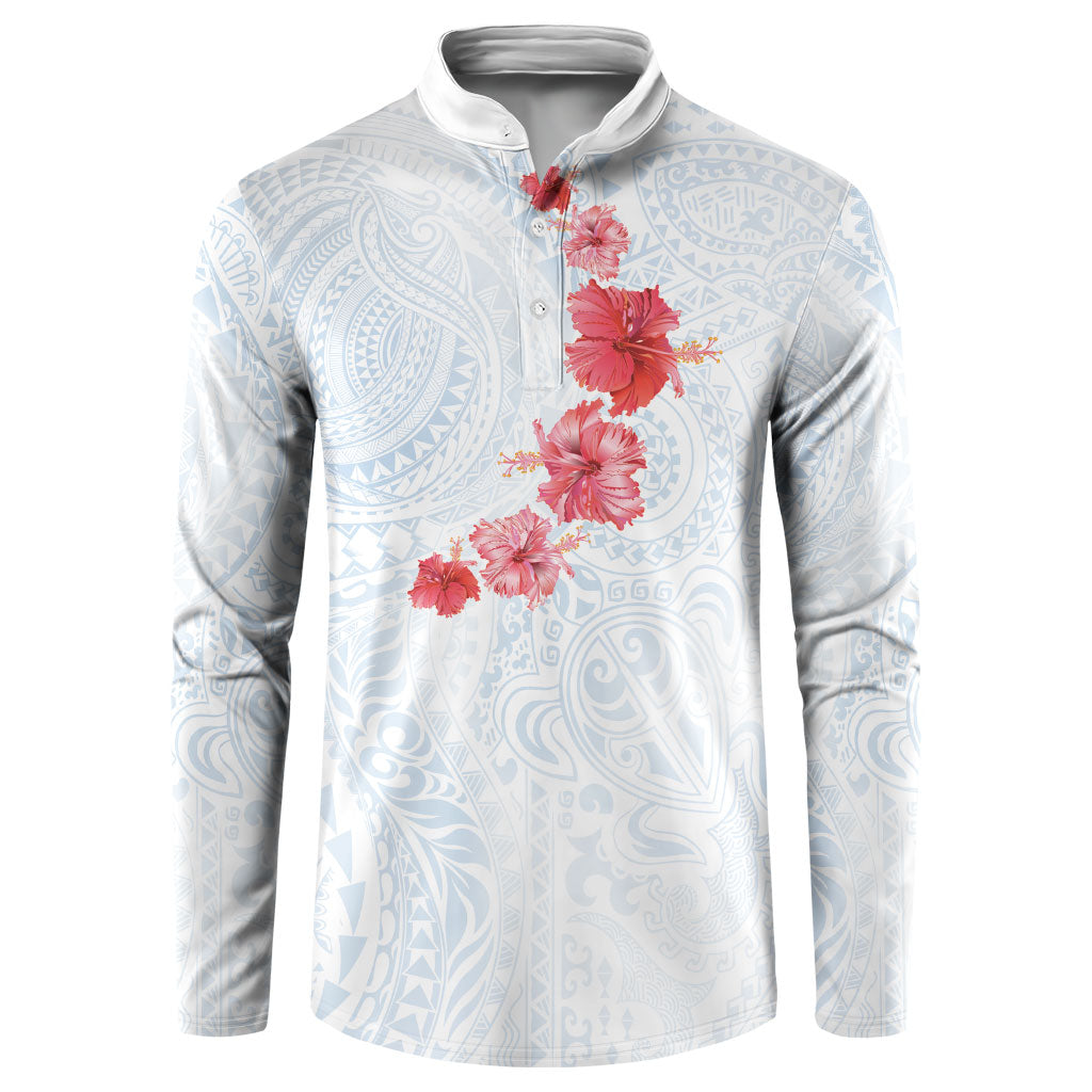 Hawaiian Tribal Tattoo and Hibiscus Button Sweatshirt Polynesian Pattern Airy White Blue Cloud