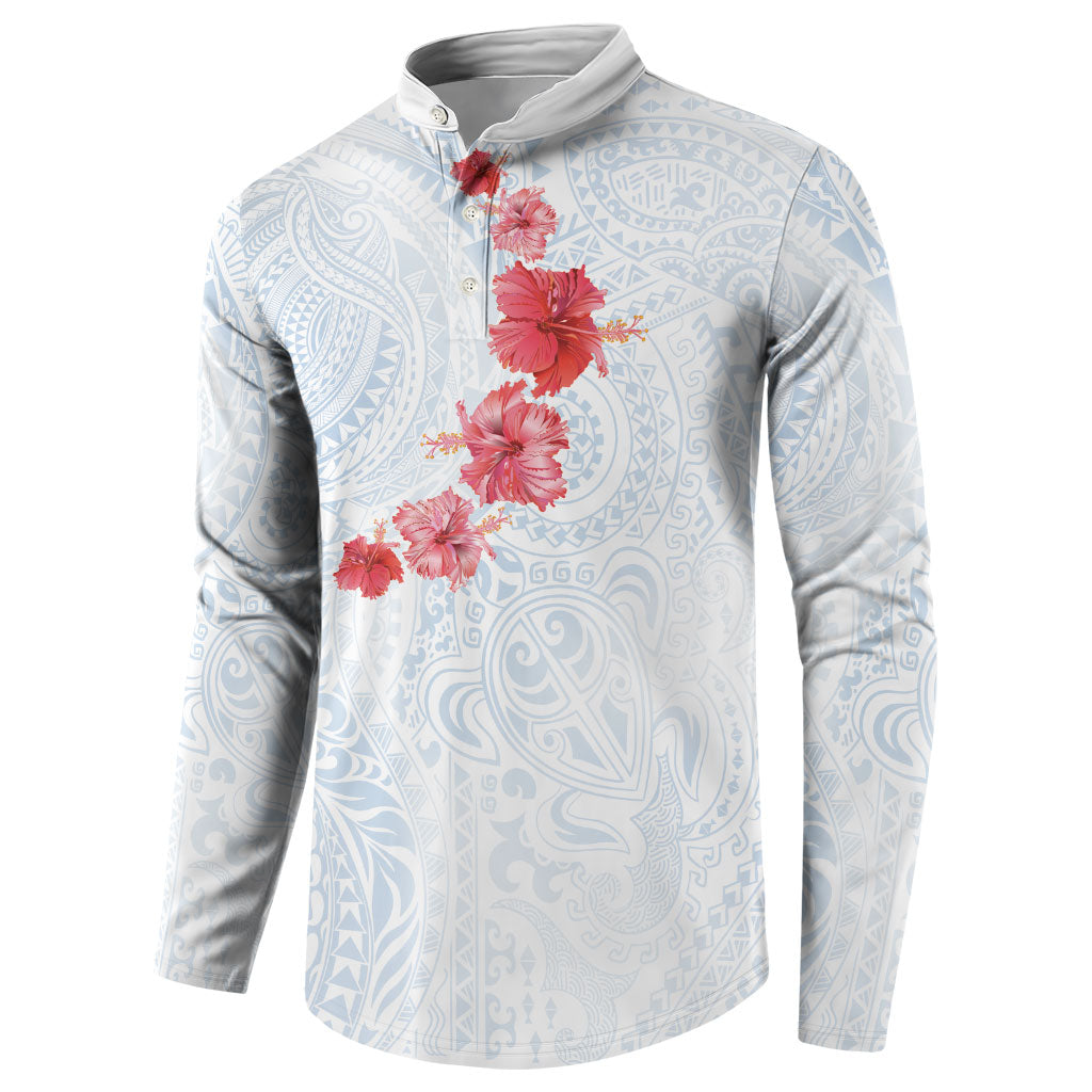 Hawaiian Tribal Tattoo and Hibiscus Button Sweatshirt Polynesian Pattern Airy White Blue Cloud