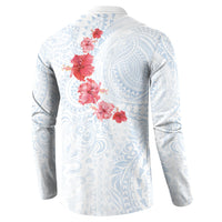 Hawaiian Tribal Tattoo and Hibiscus Button Sweatshirt Polynesian Pattern Airy White Blue Cloud