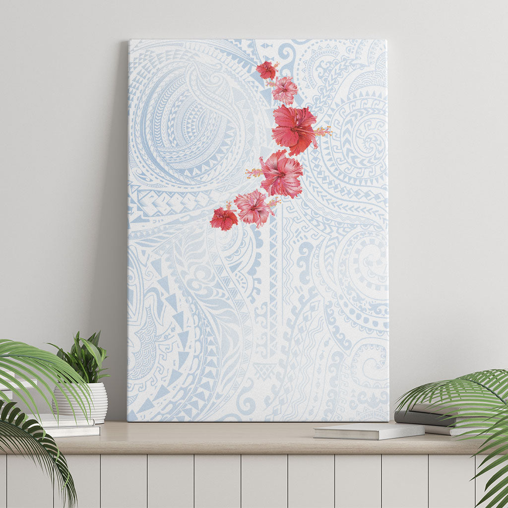 Hawaiian Tribal Tattoo and Hibiscus Canvas Wall Art Polynesian Pattern Airy White Blue Cloud