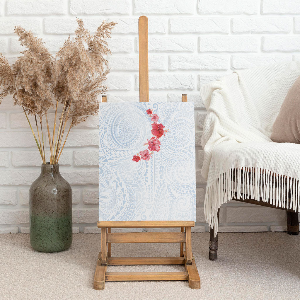 Hawaiian Tribal Tattoo and Hibiscus Canvas Wall Art Polynesian Pattern Airy White Blue Cloud