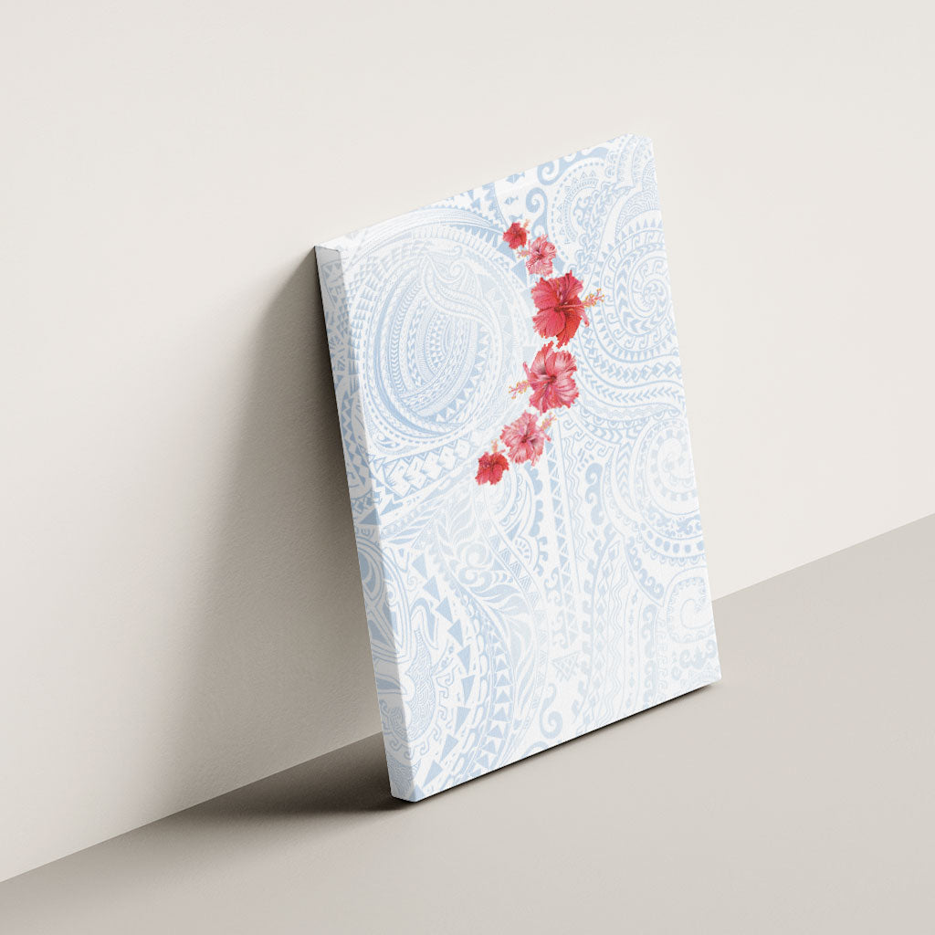 Hawaiian Tribal Tattoo and Hibiscus Canvas Wall Art Polynesian Pattern Airy White Blue Cloud