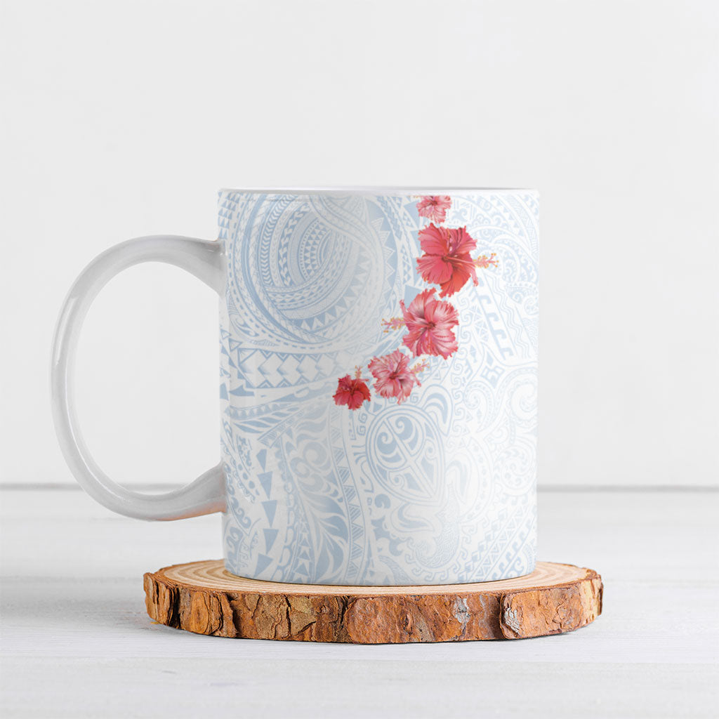 Hawaiian Tribal Tattoo and Hibiscus Ceramic Mug Polynesian Pattern Airy White Blue Cloud
