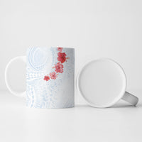 Hawaiian Tribal Tattoo and Hibiscus Ceramic Mug Polynesian Pattern Airy White Blue Cloud