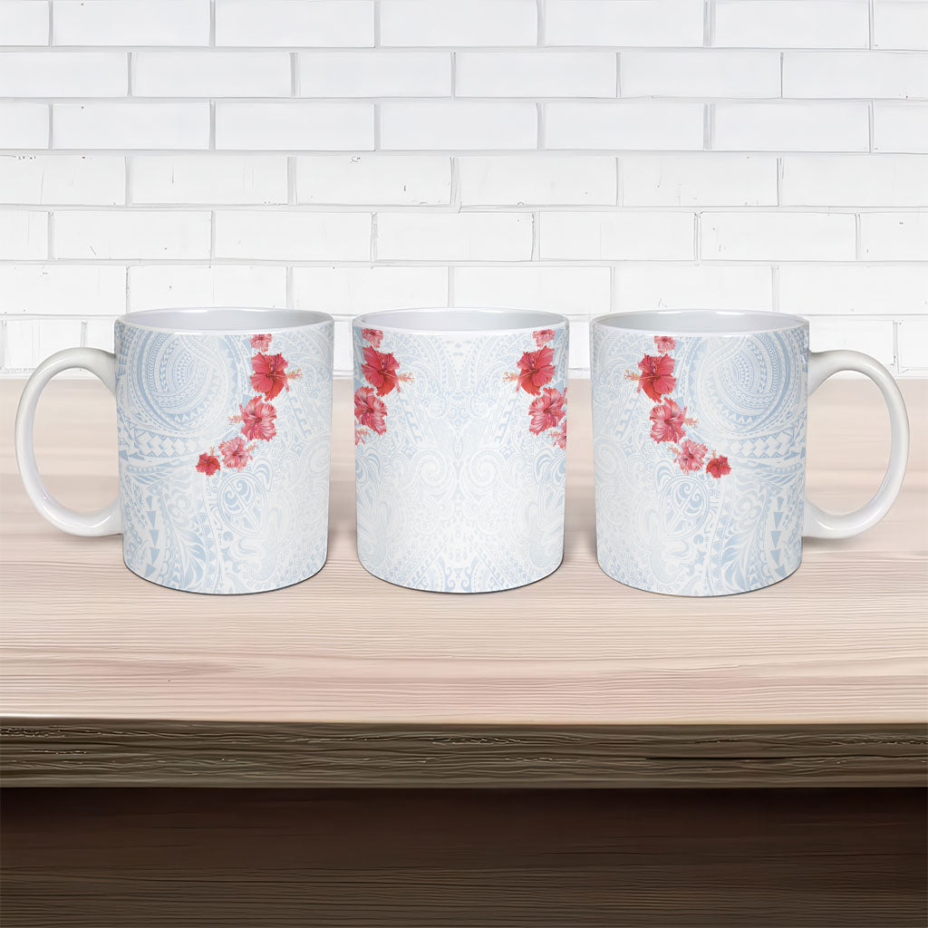 Hawaiian Tribal Tattoo and Hibiscus Ceramic Mug Polynesian Pattern Airy White Blue Cloud