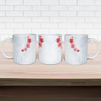 Hawaiian Tribal Tattoo and Hibiscus Ceramic Mug Polynesian Pattern Airy White Blue Cloud