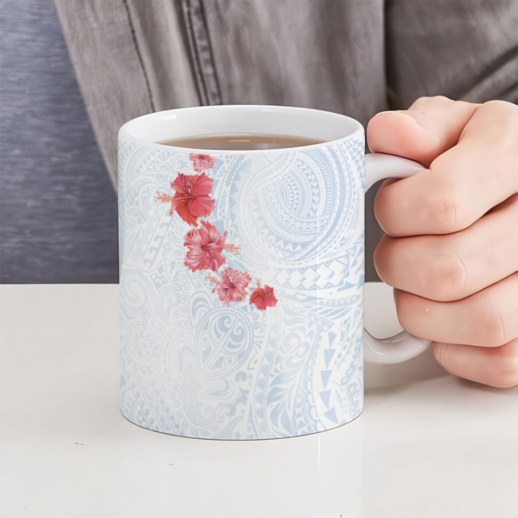 Hawaiian Tribal Tattoo and Hibiscus Ceramic Mug Polynesian Pattern Airy White Blue Cloud