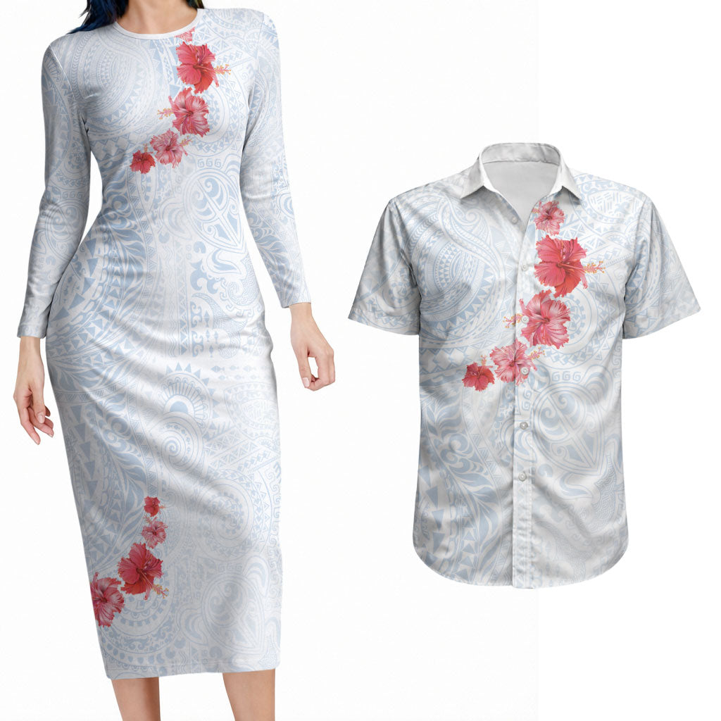 Hawaiian Tribal Tattoo and Hibiscus Couples Matching Long Sleeve Bodycon Dress and Hawaiian Shirt Polynesian Pattern Airy White Blue Cloud