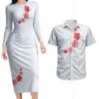 Hawaiian Tribal Tattoo and Hibiscus Couples Matching Long Sleeve Bodycon Dress and Hawaiian Shirt Polynesian Pattern Airy White Blue Cloud