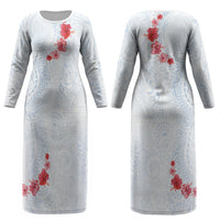 Hawaiian Tribal Tattoo and Hibiscus Couples Matching Long Sleeve Bodycon Dress and Long Sleeve Button Shirt Polynesian Pattern Airy White Blue Cloud