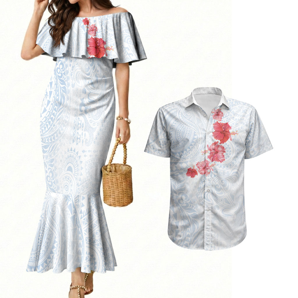 Hawaiian Tribal Tattoo and Hibiscus Couples Matching Mermaid Dress and Hawaiian Shirt Polynesian Pattern Airy White Blue Cloud