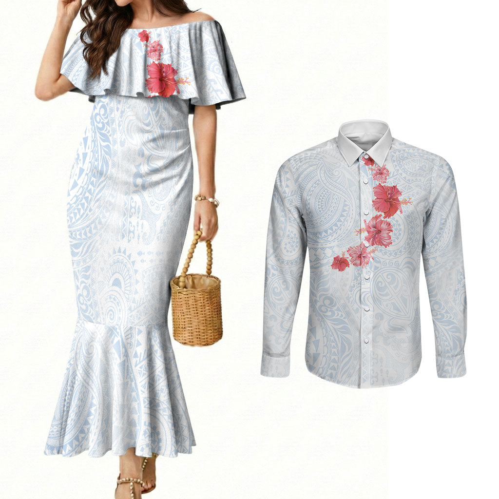Hawaiian Tribal Tattoo and Hibiscus Couples Matching Mermaid Dress and Long Sleeve Button Shirt Polynesian Pattern Airy White Blue Cloud