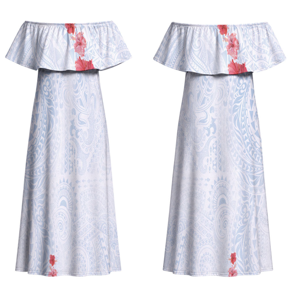 Hawaiian Tribal Tattoo and Hibiscus Couples Matching Off Shoulder Maxi Dress and Hawaiian Shirt Polynesian Pattern Airy White Blue Cloud