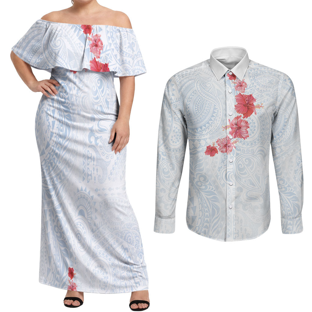 Hawaiian Tribal Tattoo and Hibiscus Couples Matching Off Shoulder Maxi Dress and Long Sleeve Button Shirt Polynesian Pattern Airy White Blue Cloud