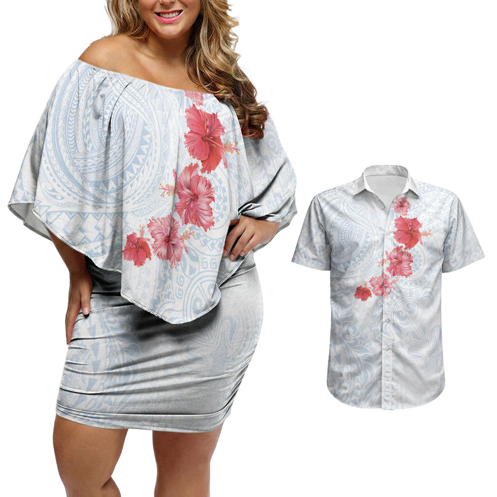 Hawaiian Tribal Tattoo and Hibiscus Couples Matching Off Shoulder Short Dress and Hawaiian Shirt Polynesian Pattern Airy White Blue Cloud