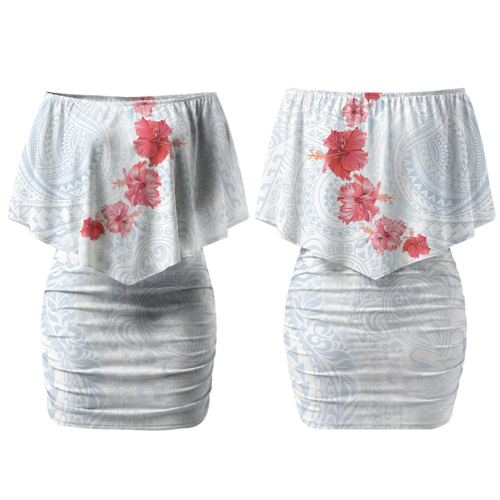 Hawaiian Tribal Tattoo and Hibiscus Couples Matching Off Shoulder Short Dress and Hawaiian Shirt Polynesian Pattern Airy White Blue Cloud
