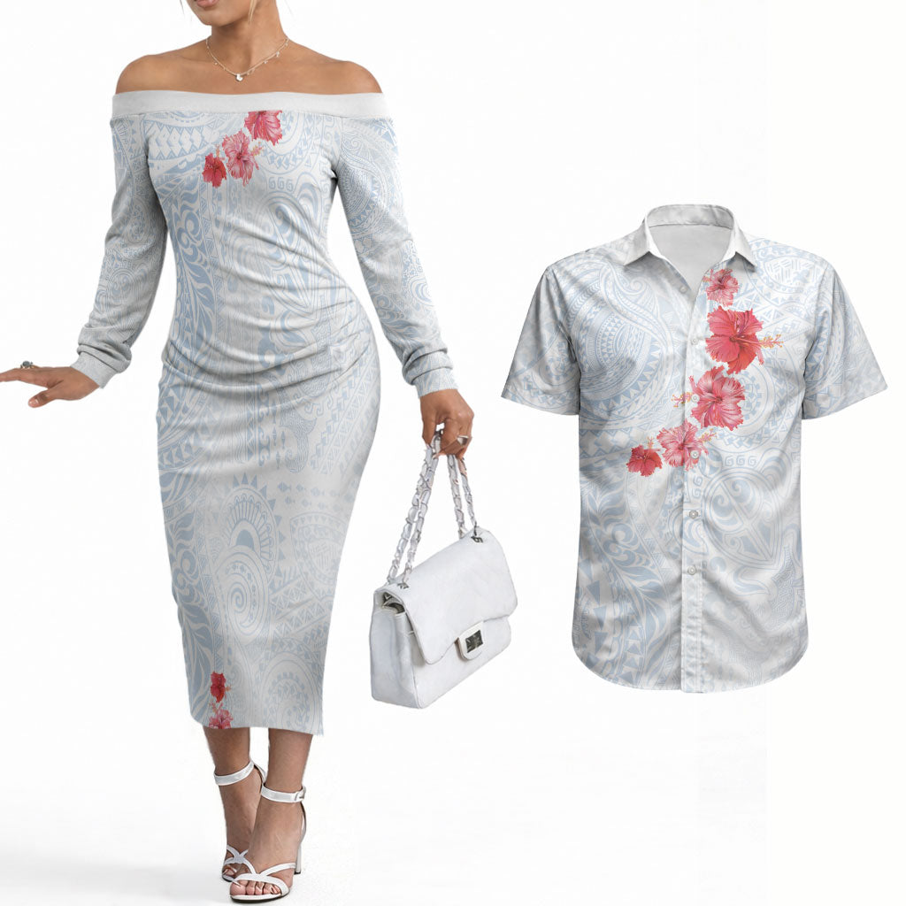 Hawaiian Tribal Tattoo and Hibiscus Couples Matching Off The Shoulder Long Sleeve Dress and Hawaiian Shirt Polynesian Pattern Airy White Blue Cloud