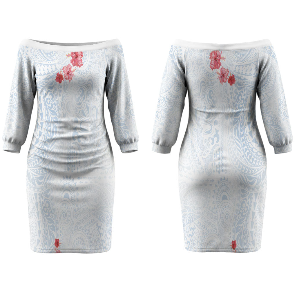 Hawaiian Tribal Tattoo and Hibiscus Couples Matching Off The Shoulder Long Sleeve Dress and Hawaiian Shirt Polynesian Pattern Airy White Blue Cloud