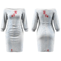 Hawaiian Tribal Tattoo and Hibiscus Couples Matching Off The Shoulder Long Sleeve Dress and Hawaiian Shirt Polynesian Pattern Airy White Blue Cloud