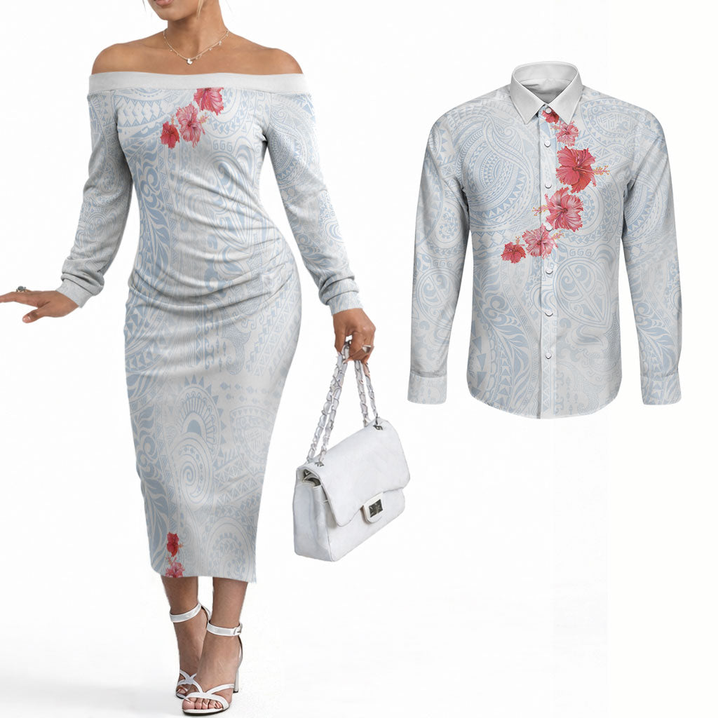 Hawaiian Tribal Tattoo and Hibiscus Couples Matching Off The Shoulder Long Sleeve Dress and Long Sleeve Button Shirt Polynesian Pattern Airy White Blue Cloud