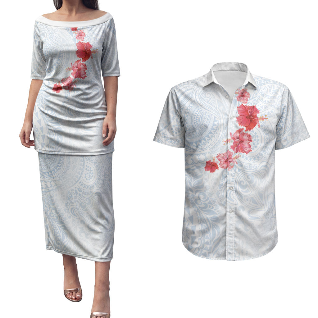 Hawaiian Tribal Tattoo and Hibiscus Couples Matching Puletasi and Hawaiian Shirt Polynesian Pattern Airy White Blue Cloud