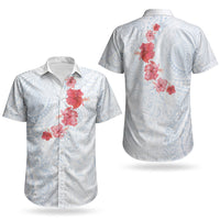 Hawaiian Tribal Tattoo and Hibiscus Couples Matching Puletasi and Hawaiian Shirt Polynesian Pattern Airy White Blue Cloud