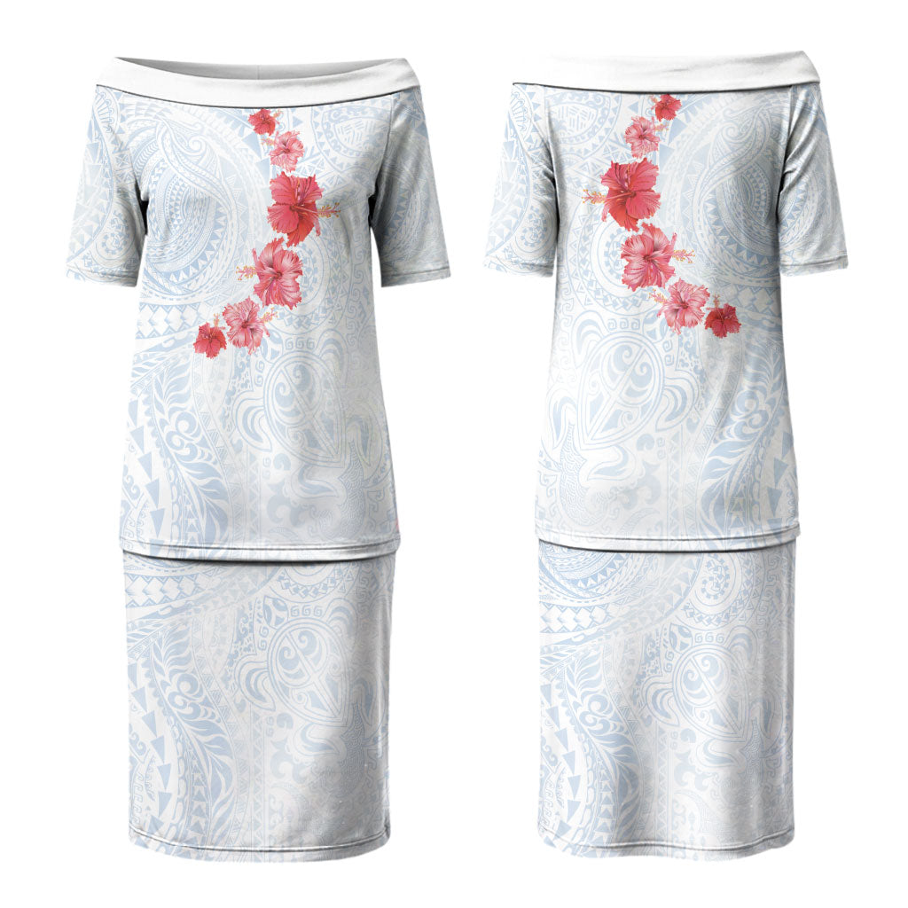 Hawaiian Tribal Tattoo and Hibiscus Couples Matching Puletasi and Hawaiian Shirt Polynesian Pattern Airy White Blue Cloud