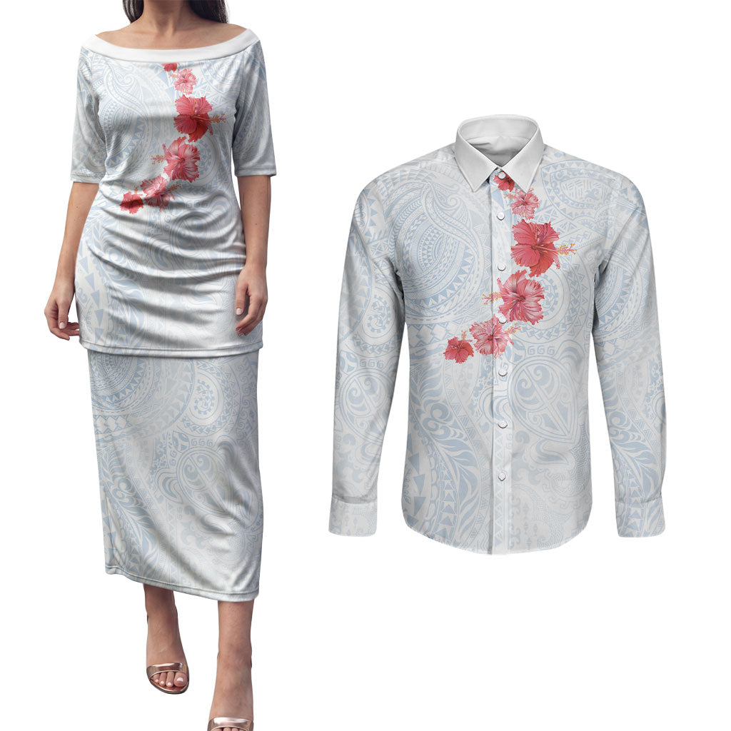 Hawaiian Tribal Tattoo and Hibiscus Couples Matching Puletasi and Long Sleeve Button Shirt Polynesian Pattern Airy White Blue Cloud