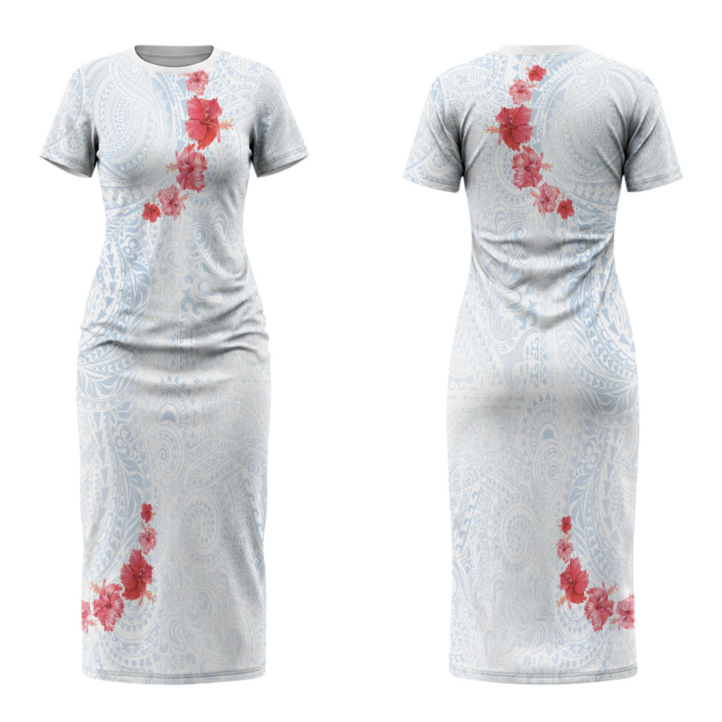 Hawaiian Tribal Tattoo and Hibiscus Couples Matching Short Sleeve Bodycon Dress and Hawaiian Shirt Polynesian Pattern Airy White Blue Cloud