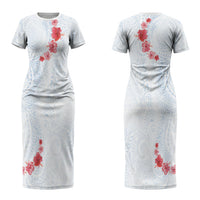 Hawaiian Tribal Tattoo and Hibiscus Couples Matching Short Sleeve Bodycon Dress and Hawaiian Shirt Polynesian Pattern Airy White Blue Cloud