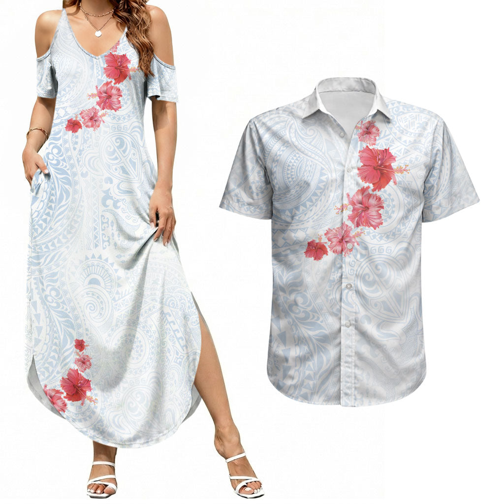 Hawaiian Tribal Tattoo and Hibiscus Couples Matching Summer Maxi Dress and Hawaiian Shirt Polynesian Pattern Airy White Blue Cloud