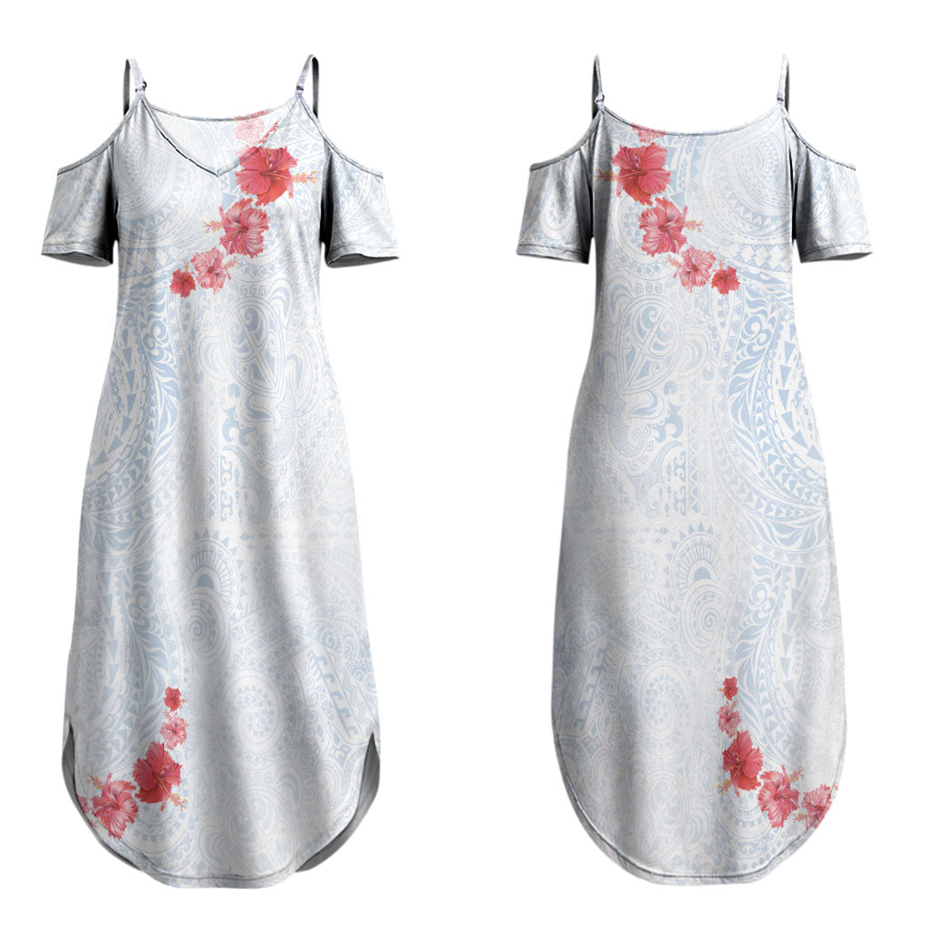 Hawaiian Tribal Tattoo and Hibiscus Couples Matching Summer Maxi Dress and Long Sleeve Button Shirt Polynesian Pattern Airy White Blue Cloud