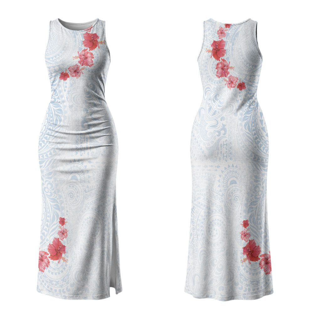 Hawaiian Tribal Tattoo and Hibiscus Couples Matching Tank Maxi Dress and Hawaiian Shirt Polynesian Pattern Airy White Blue Cloud