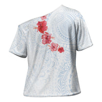 Hawaiian Tribal Tattoo and Hibiscus Cross Shoulder Shirt Polynesian Pattern Airy White Blue Cloud