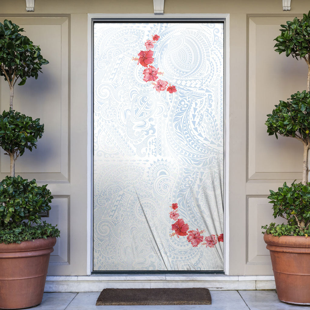 Hawaiian Tribal Tattoo and Hibiscus Door Cover Polynesian Pattern Airy White Blue Cloud