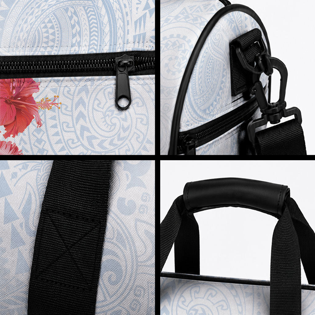 Hawaiian Tribal Tattoo and Hibiscus Duffle Bag Polynesian Pattern Airy White Blue Cloud