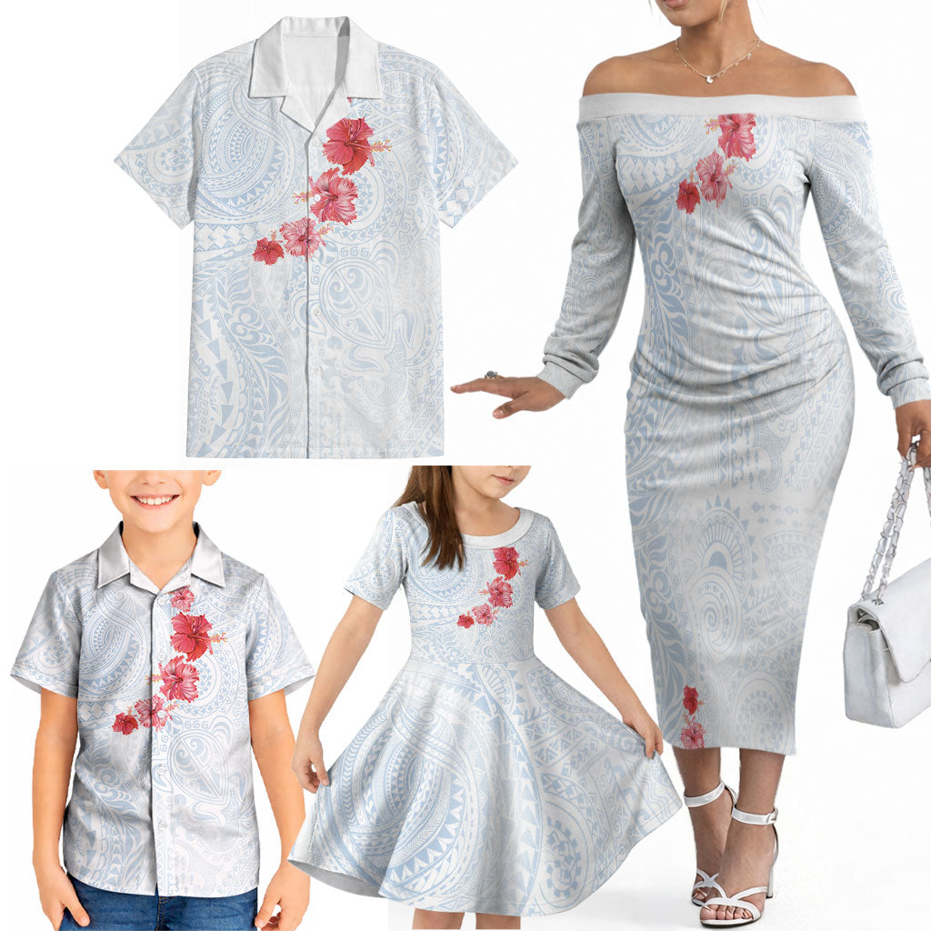 Hawaiian Tribal Tattoo and Hibiscus Family Matching Off The Shoulder Long Sleeve Dress and Hawaiian Shirt Polynesian Pattern Airy White Blue Cloud