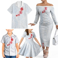 Hawaiian Tribal Tattoo and Hibiscus Family Matching Off The Shoulder Long Sleeve Dress and Hawaiian Shirt Polynesian Pattern Airy White Blue Cloud