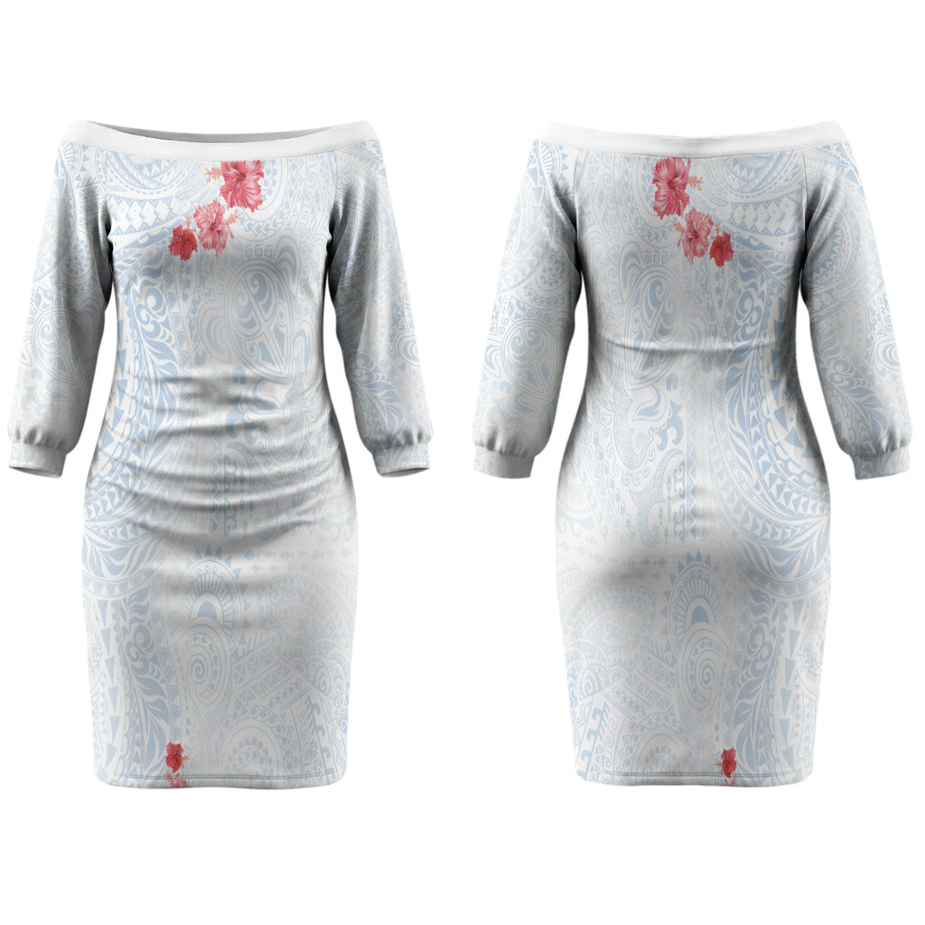 Hawaiian Tribal Tattoo and Hibiscus Family Matching Off The Shoulder Long Sleeve Dress and Hawaiian Shirt Polynesian Pattern Airy White Blue Cloud