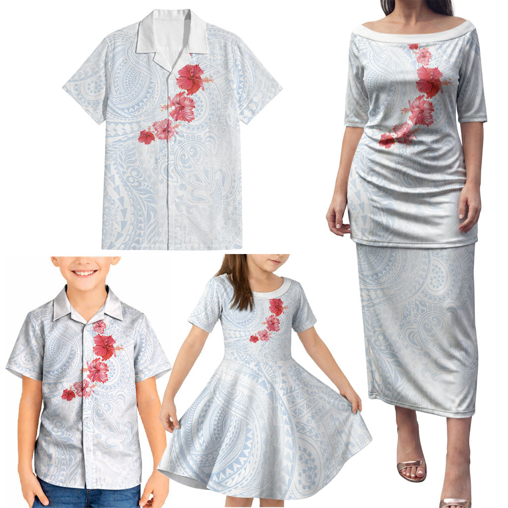 Hawaiian Tribal Tattoo and Hibiscus Family Matching Puletasi and Hawaiian Shirt Polynesian Pattern Airy White Blue Cloud