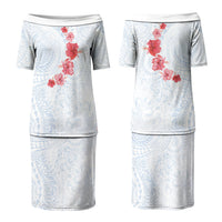 Hawaiian Tribal Tattoo and Hibiscus Family Matching Puletasi and Hawaiian Shirt Polynesian Pattern Airy White Blue Cloud
