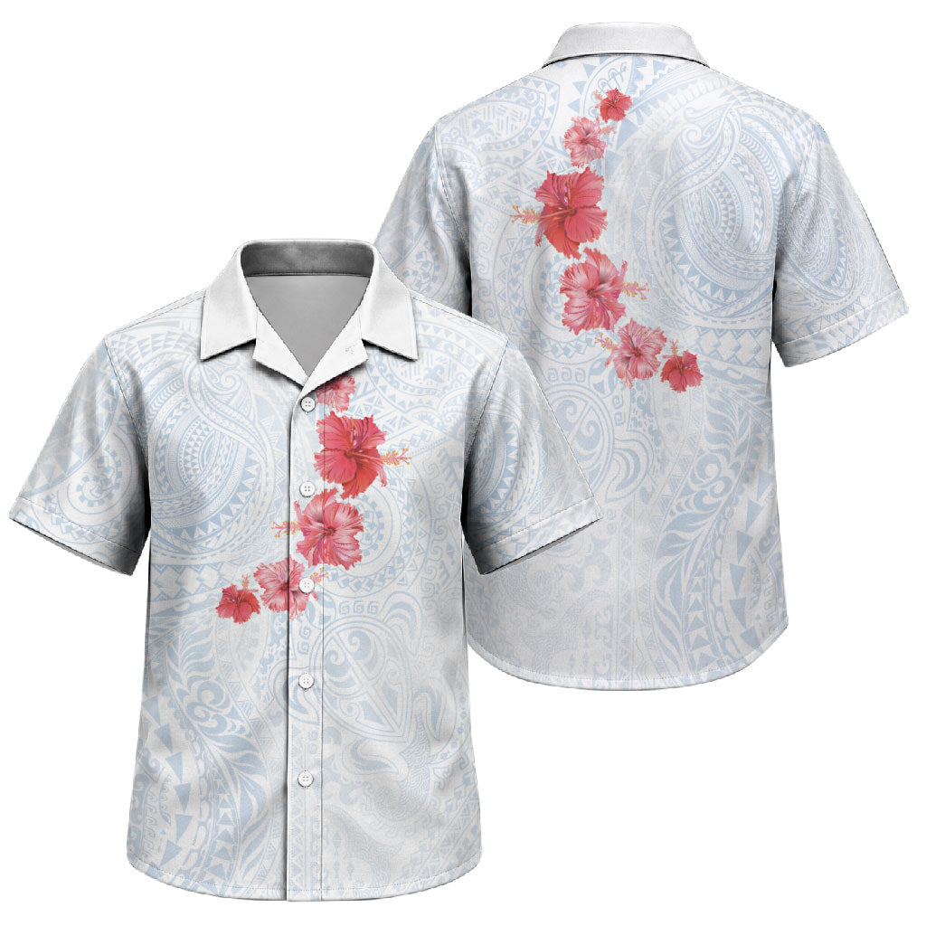 Hawaiian Tribal Tattoo and Hibiscus Family Matching Puletasi and Hawaiian Shirt Polynesian Pattern Airy White Blue Cloud
