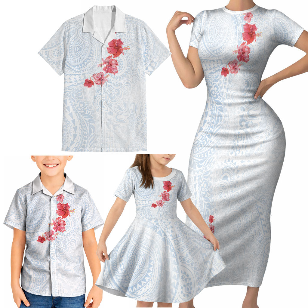 Hawaiian Tribal Tattoo and Hibiscus Family Matching Short Sleeve Bodycon Dress and Hawaiian Shirt Polynesian Pattern Airy White Blue Cloud