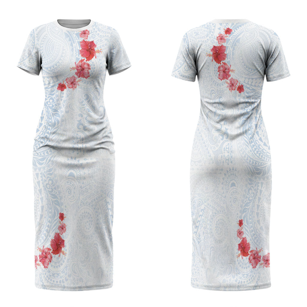 Hawaiian Tribal Tattoo and Hibiscus Family Matching Short Sleeve Bodycon Dress and Hawaiian Shirt Polynesian Pattern Airy White Blue Cloud