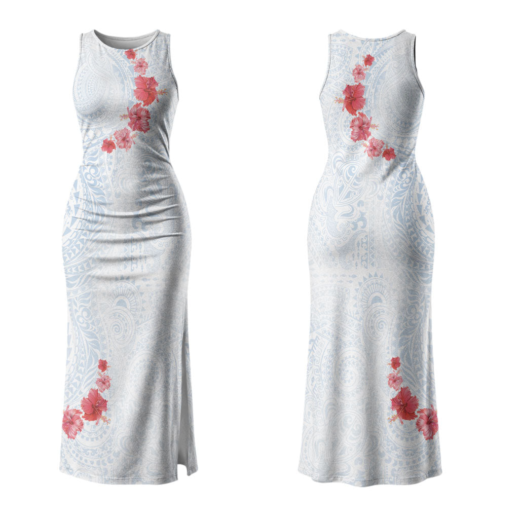 Hawaiian Tribal Tattoo and Hibiscus Family Matching Tank Maxi Dress and Hawaiian Shirt Polynesian Pattern Airy White Blue Cloud