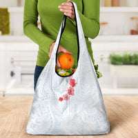 Hawaiian Tribal Tattoo and Hibiscus Grocery Bag Polynesian Pattern Airy White Blue Cloud