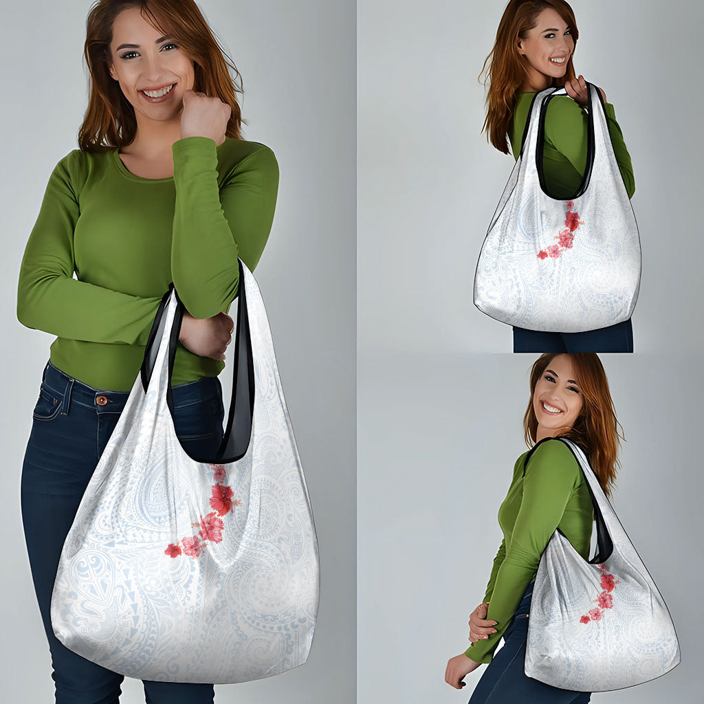 Hawaiian Tribal Tattoo and Hibiscus Grocery Bag Polynesian Pattern Airy White Blue Cloud