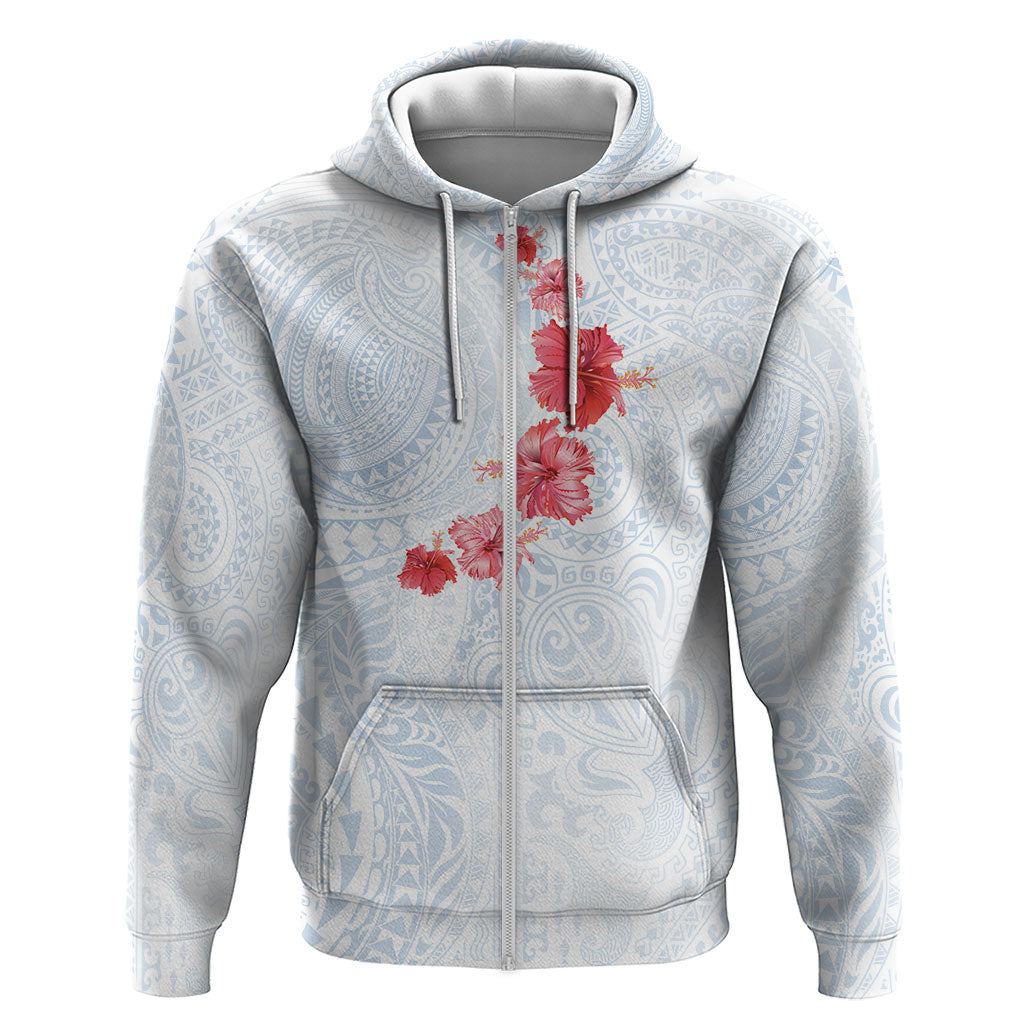 Hawaiian Tribal Tattoo and Hibiscus Hoodie Polynesian Pattern Airy White Blue Cloud