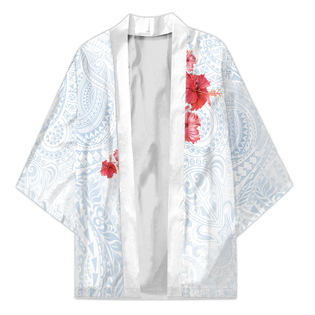 Hawaiian Tribal Tattoo and Hibiscus Kimono Polynesian Pattern Airy White Blue Cloud