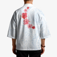 Hawaiian Tribal Tattoo and Hibiscus Kimono Polynesian Pattern Airy White Blue Cloud